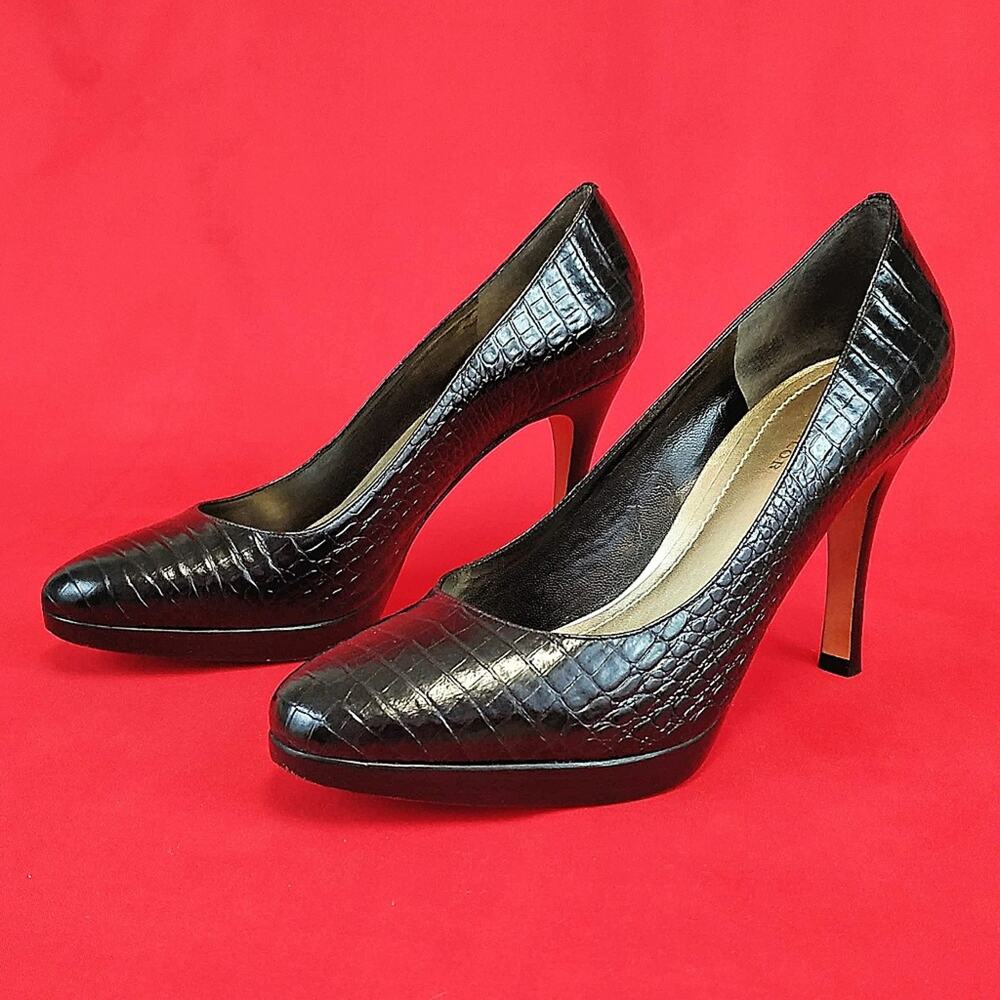 Ann Taylor Black Leather Croc Embossed Pumps